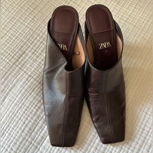 Zara square toe healed mule in brown leather size 39